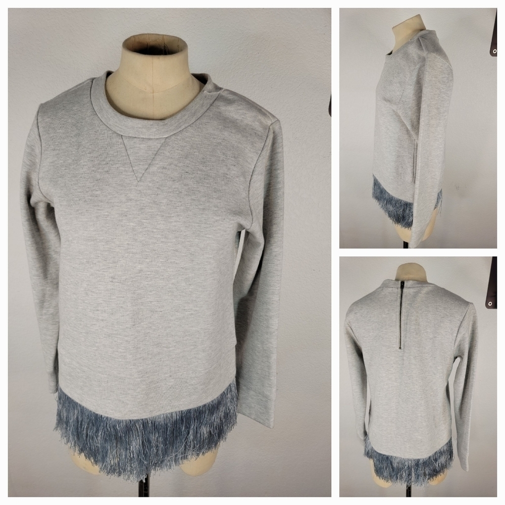 J crew Sz XS Sweatshirt Gray silver Fringe Hem Crewneck Zip Back E4354